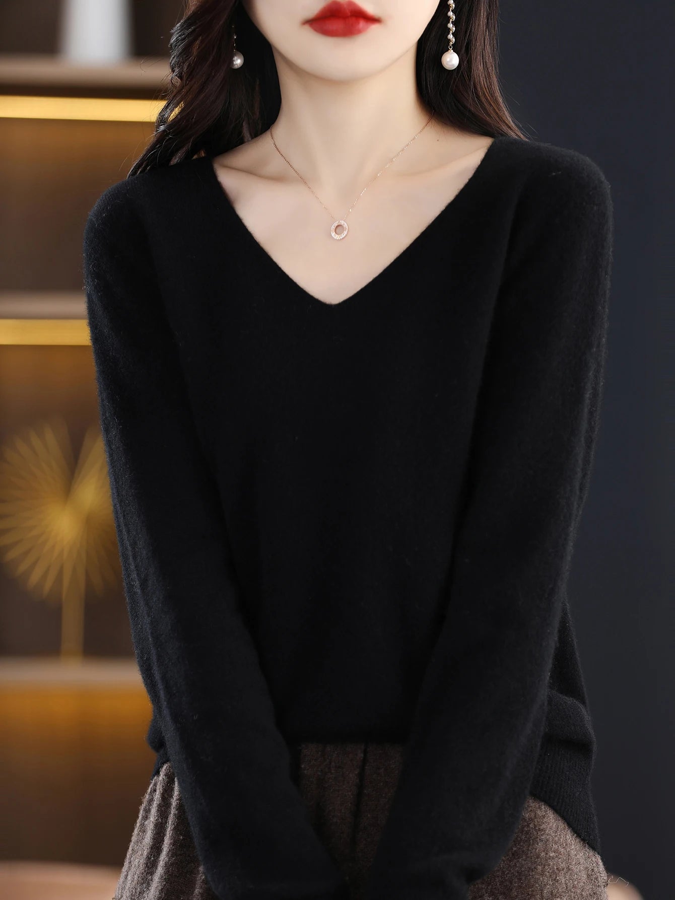 Women 100 Percent Merino Wool V Neck Sweater Fall Winter Warm Pullover