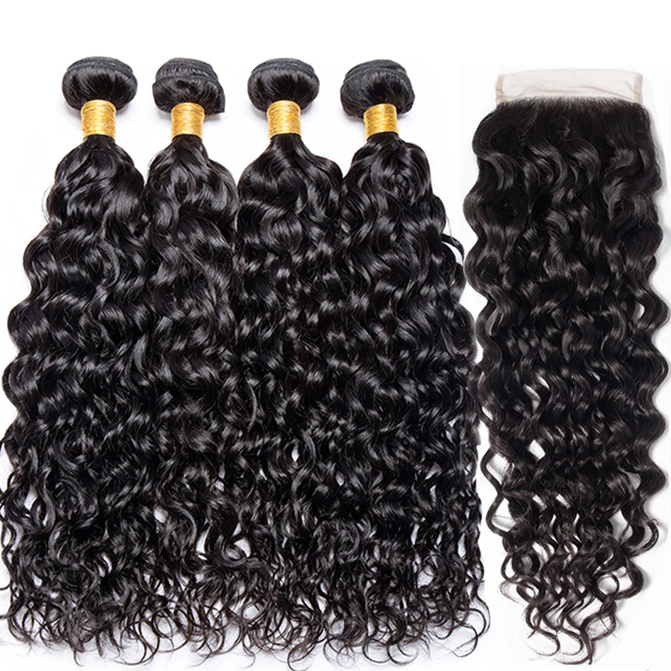 Malaysian Water Wave Bundles With Closure Wet and Wavy Curly Human Hair Bundles With Frontal Virgin Human Hair Weave Extensions