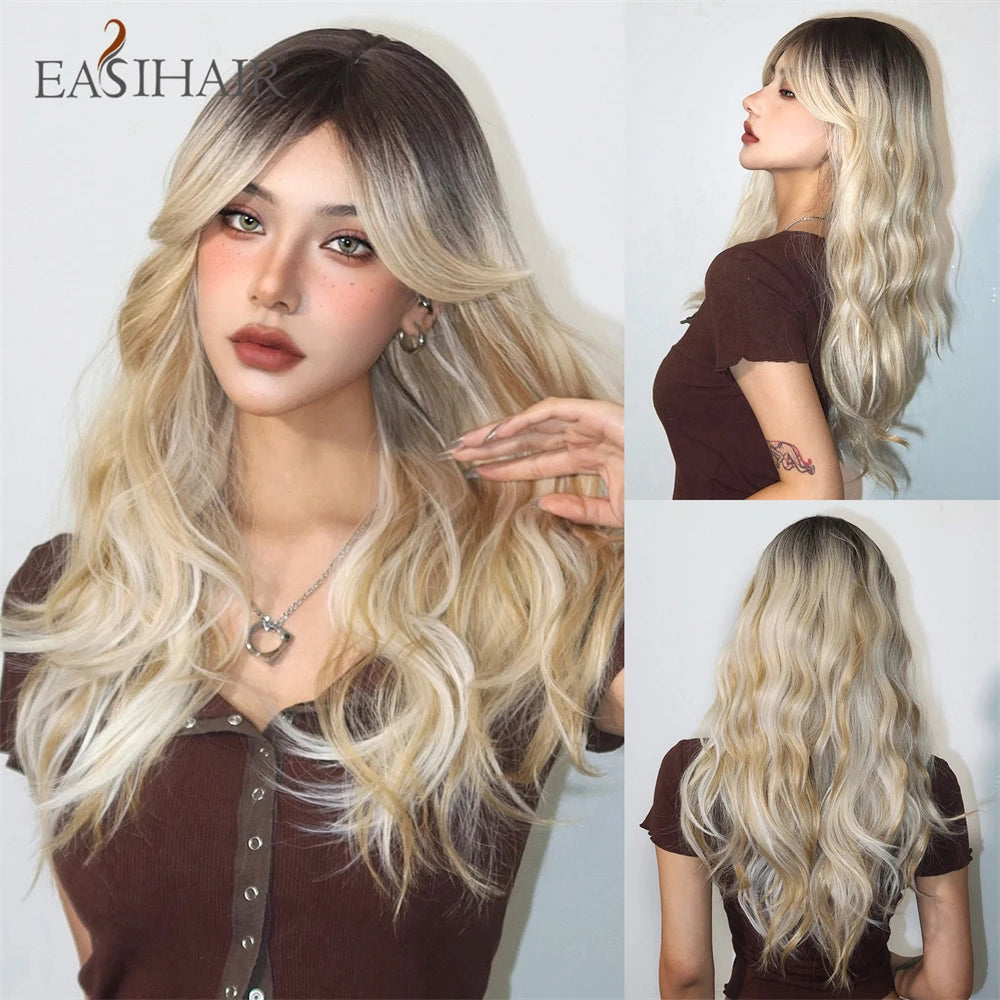 EASIHAIR Dark Brown Long Curly Synthetic Wig with Bangs Brown Women's Wigs for Cosplay Daily Use Heat Resistant Natural Hair
