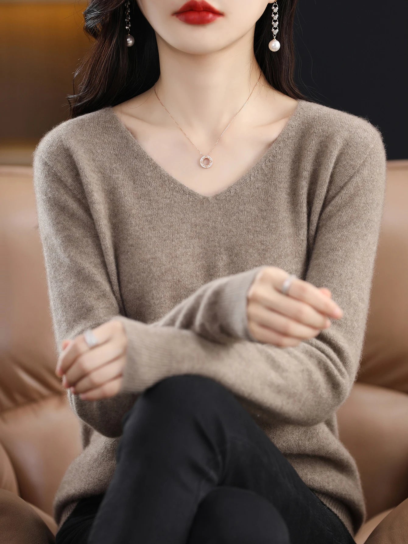 Women 100 Percent Merino Wool V Neck Sweater Fall Winter Warm Pullover