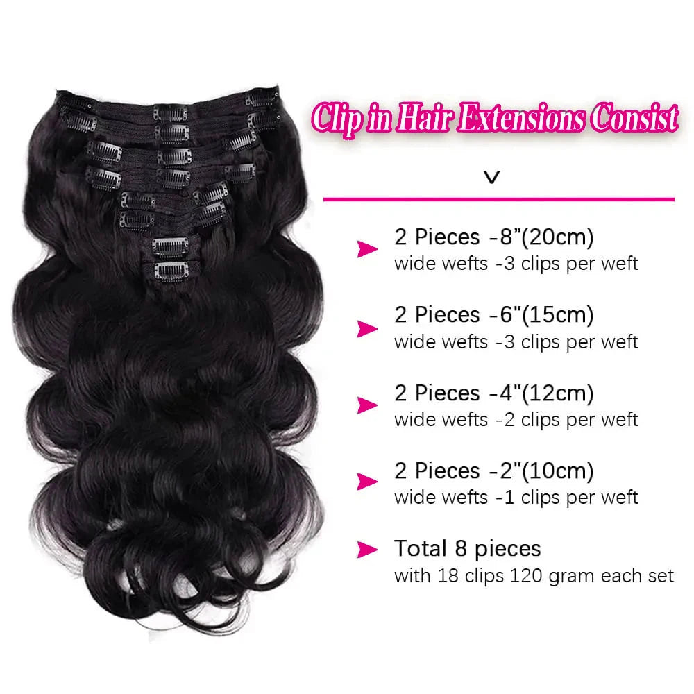 Full Head Body Wave Human Hair Extensions Natural Color 8Pcs 120G 240G Per Pack Loose Wave Clip In Hair Extensions 14-26 Inch