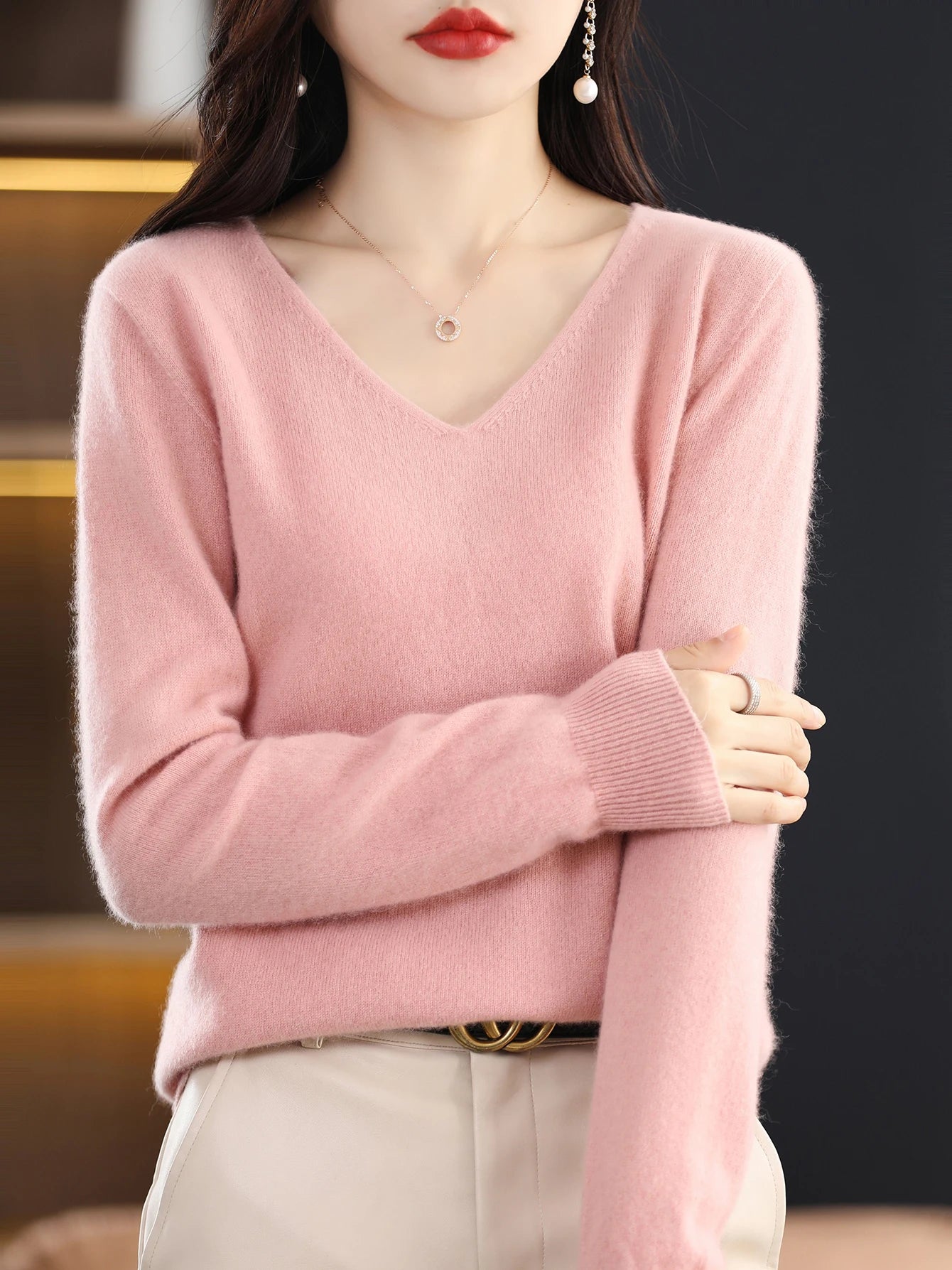 Women 100 Percent Merino Wool V Neck Sweater Fall Winter Warm Pullover