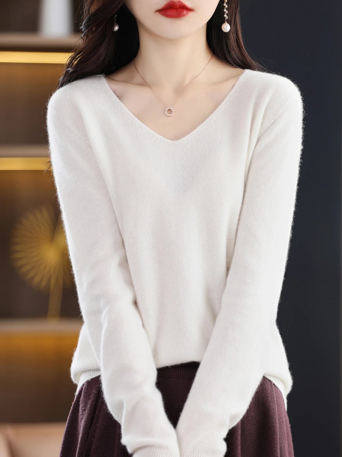 Women 100 Percent Merino Wool V Neck Sweater Fall Winter Warm Pullover