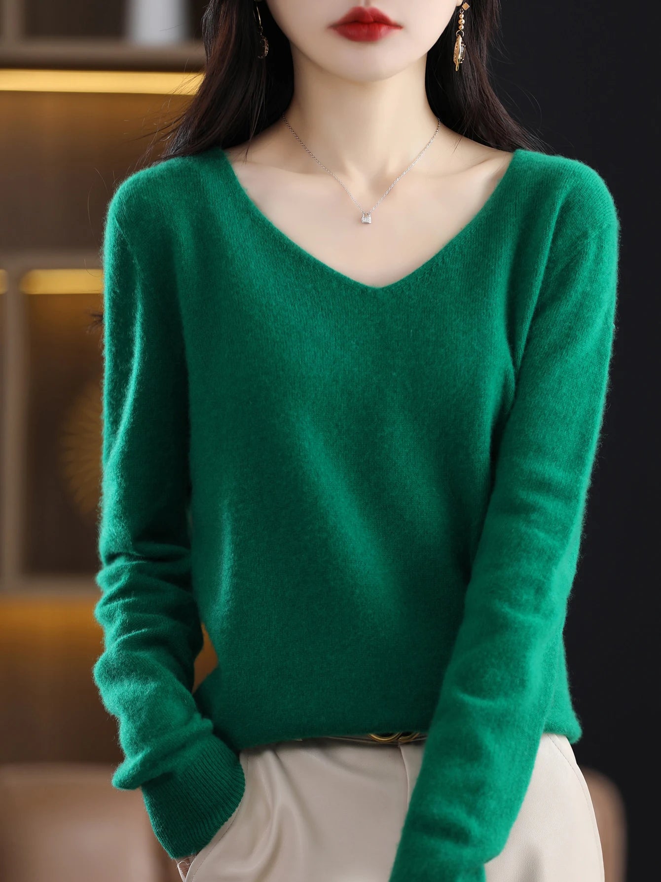Women 100 Percent Merino Wool V Neck Sweater Fall Winter Warm Pullover