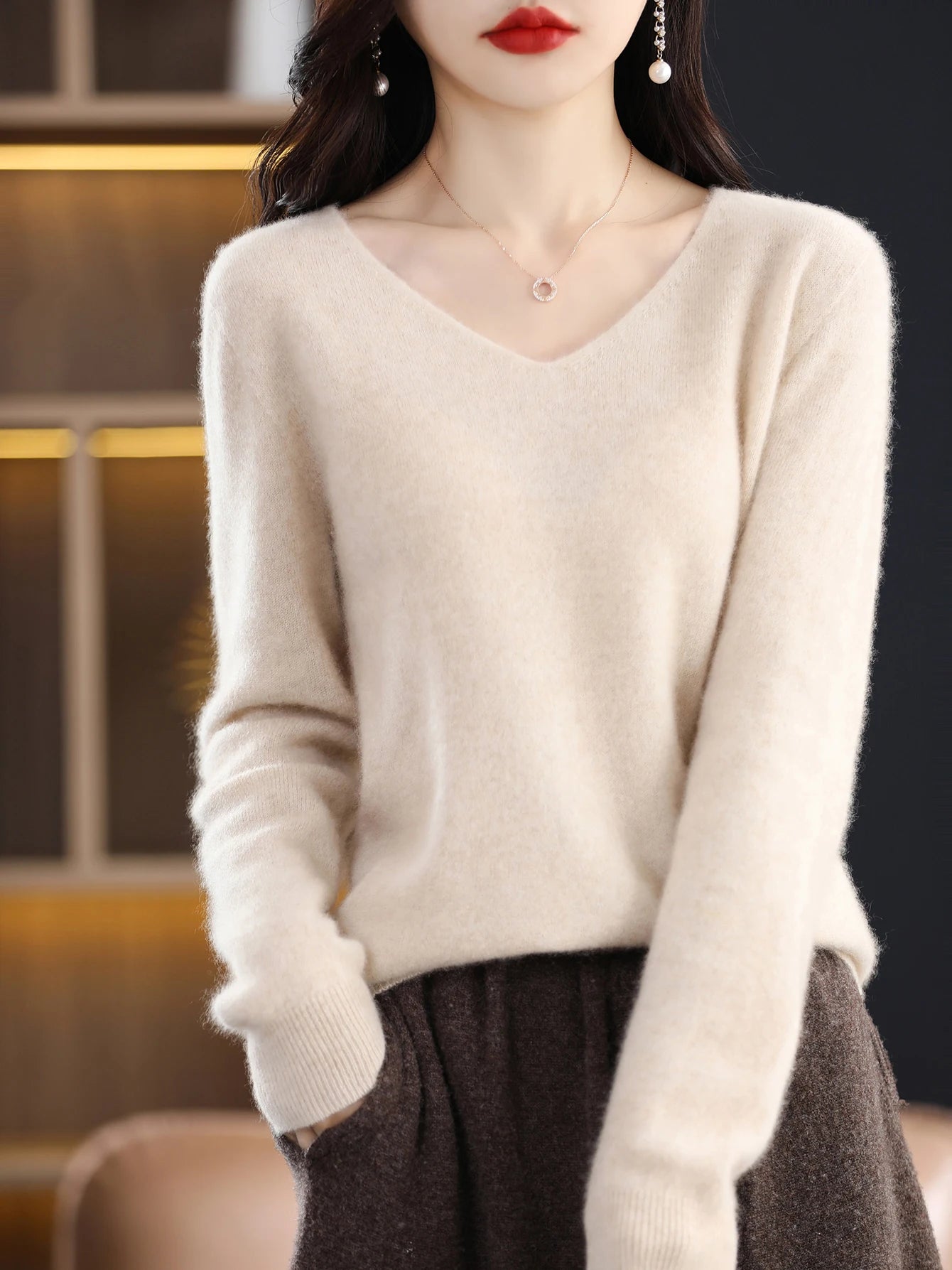 Women 100 Percent Merino Wool V Neck Sweater Fall Winter Warm Pullover
