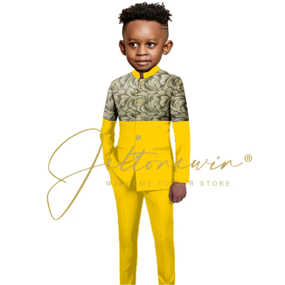African Style Boys Suit Burgundy Gold Floral Jacket Pants 2 Piece Set Stand Collar Blazer Wedding Tuxedo Kids Formal Party Dress