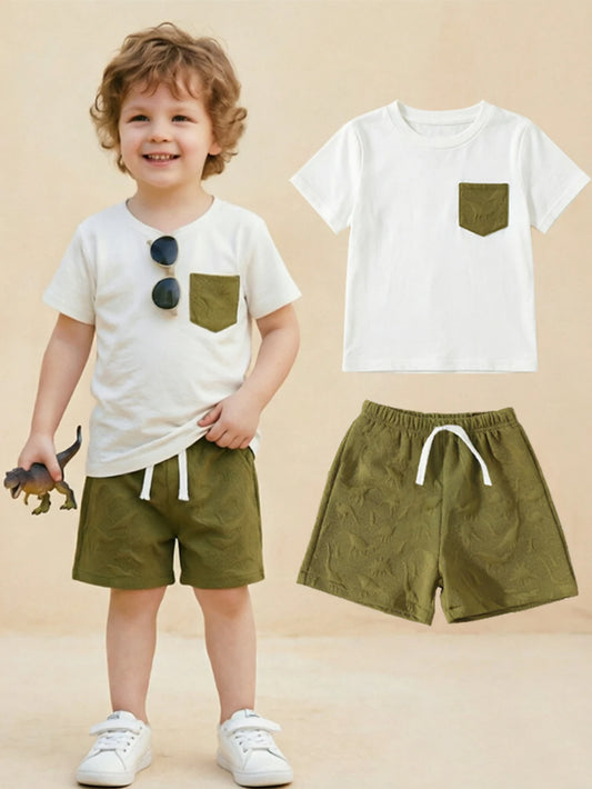 Toddler Boy Clothing Set Dinosaur Pattern Pocket T-shirt and Textured Shorts 2 Piece Summer Outfits for Kids Fashion Casual Wear
