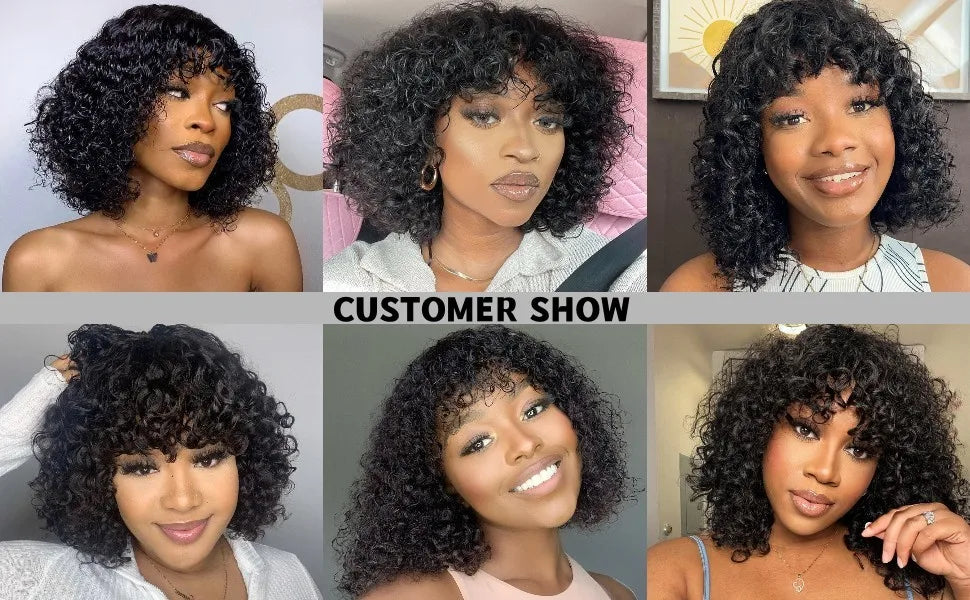 Fake Scalp Curly Wig With Bangs 180% Density Glueless Kinky Curly Brazilian Virgin Human Hair Lace Wigs with Bangs Natural Black