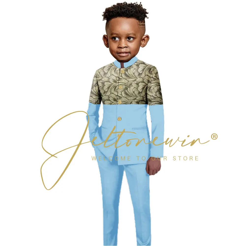 African Style Boys Suit Burgundy Gold Floral Jacket Pants 2 Piece Set Stand Collar Blazer Wedding Tuxedo Kids Formal Party Dress