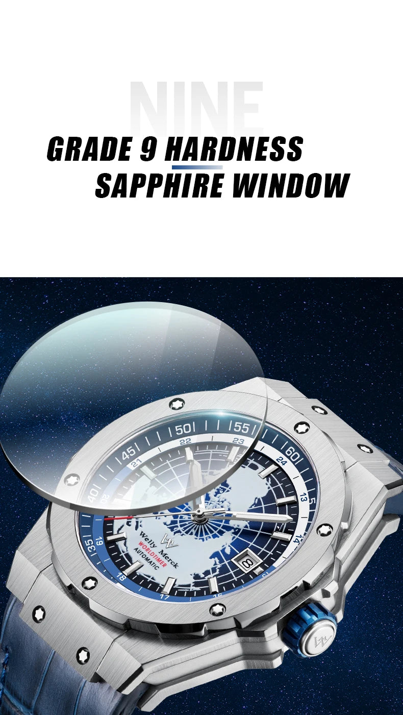 WM Watch World Time Series Men Watches reloj hombre Business Automatic Mechanical Welly Merck Wrist Watch For Man 124M-WM