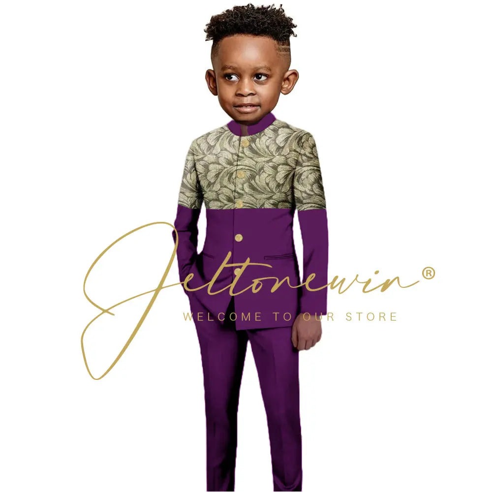 African Style Boys Suit Burgundy Gold Floral Jacket Pants 2 Piece Set Stand Collar Blazer Wedding Tuxedo Kids Formal Party Dress