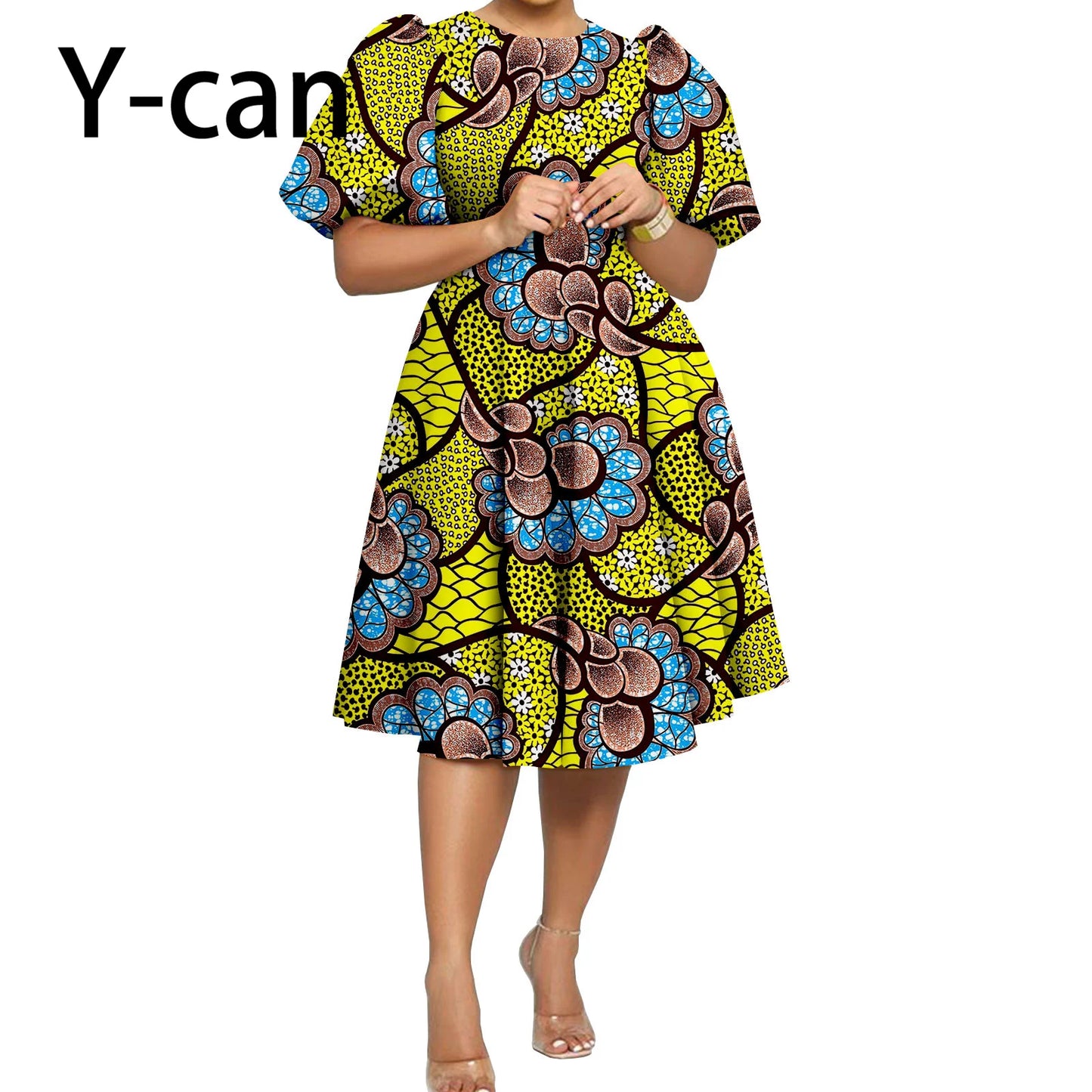 African Clothes for Women Girl Lady Dress Skirt Short Bubble Sleeve Blow the Knee Fashion Causal Bazin Riche Ankara Y2325085