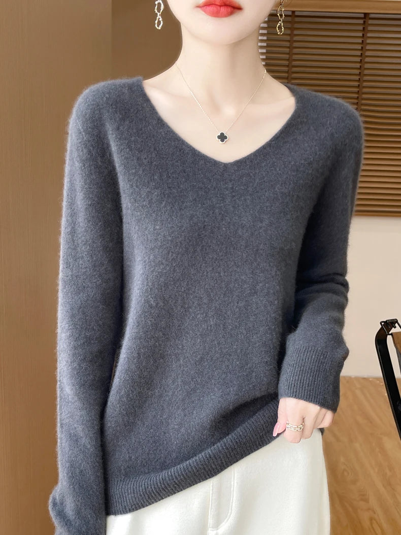 Women 100 Percent Merino Wool V Neck Sweater Fall Winter Warm Pullover