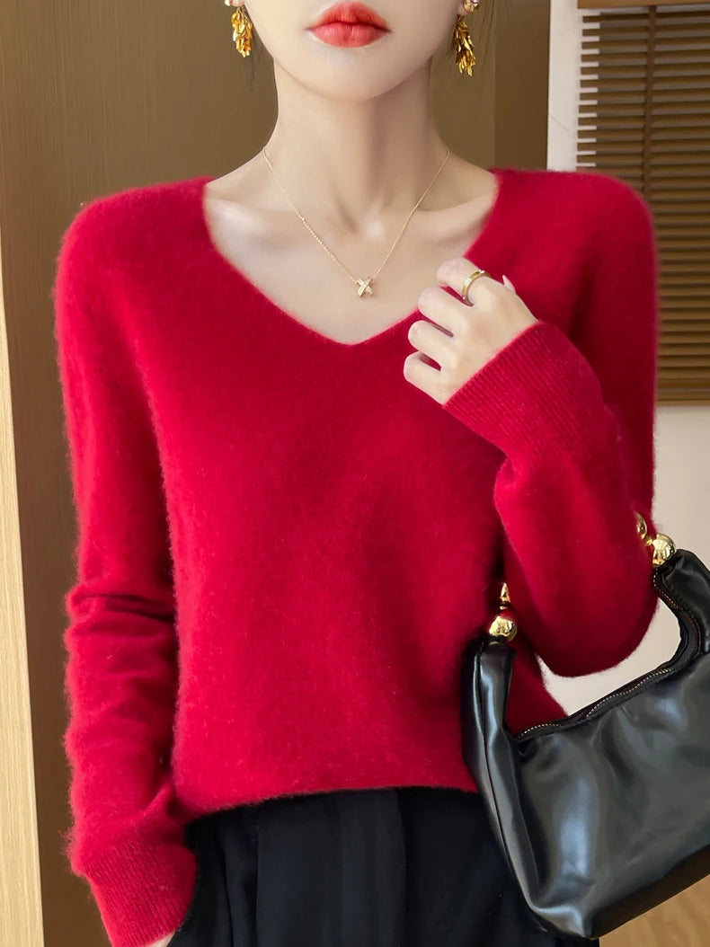 Women 100 Percent Merino Wool V Neck Sweater Fall Winter Warm Pullover