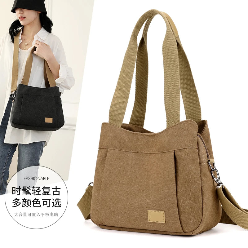 Retro Canvas Shoulder Bag Multifunctional Large Capacity Casual Crossbody Bag for Women