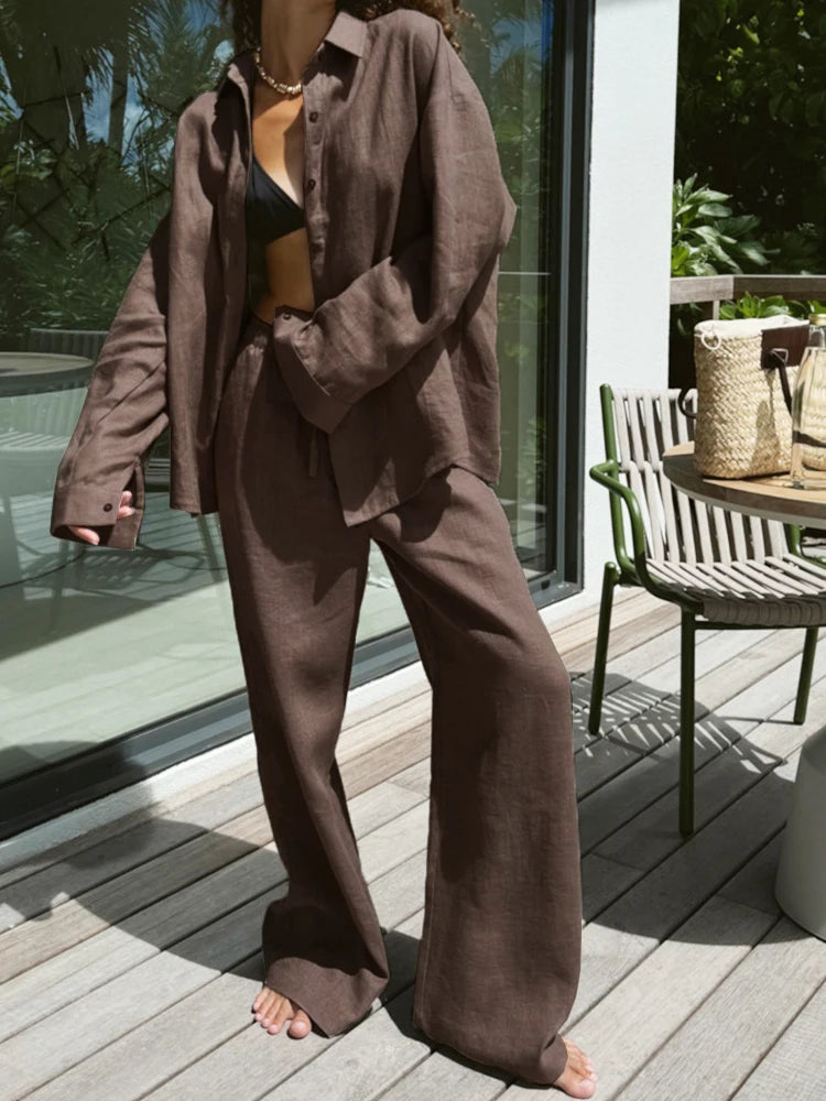 Women Long Sleeve T Shirts Wide Leg Pants Suit Single Breasted Blouses Elastic Waist Trousers 2 Piece Sets Solid Elegant Outfits
