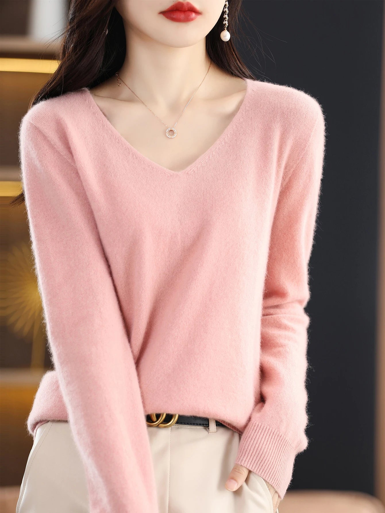 Women 100 Percent Merino Wool V Neck Sweater Fall Winter Warm Pullover