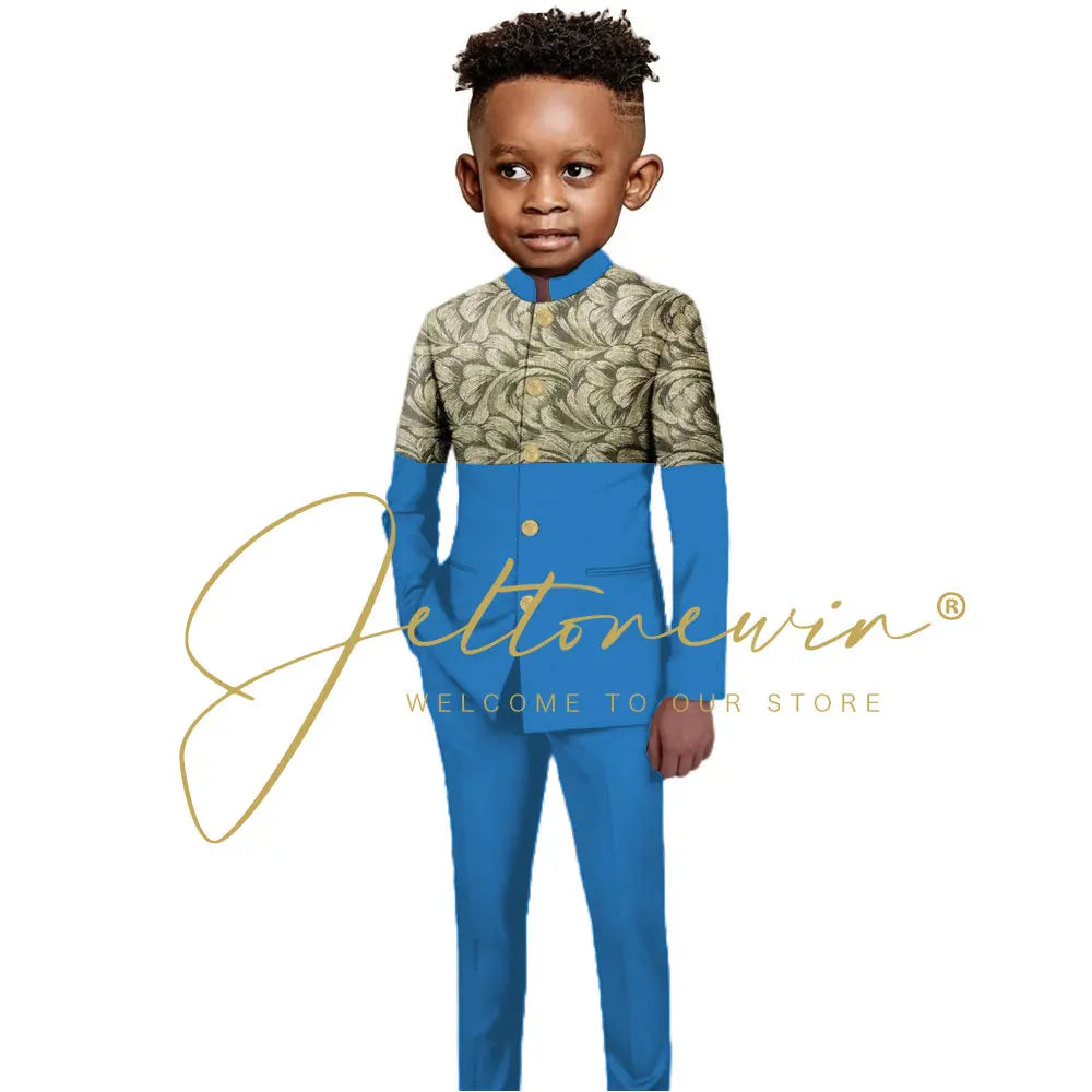 African Style Boys Suit Burgundy Gold Floral Jacket Pants 2 Piece Set Stand Collar Blazer Wedding Tuxedo Kids Formal Party Dress