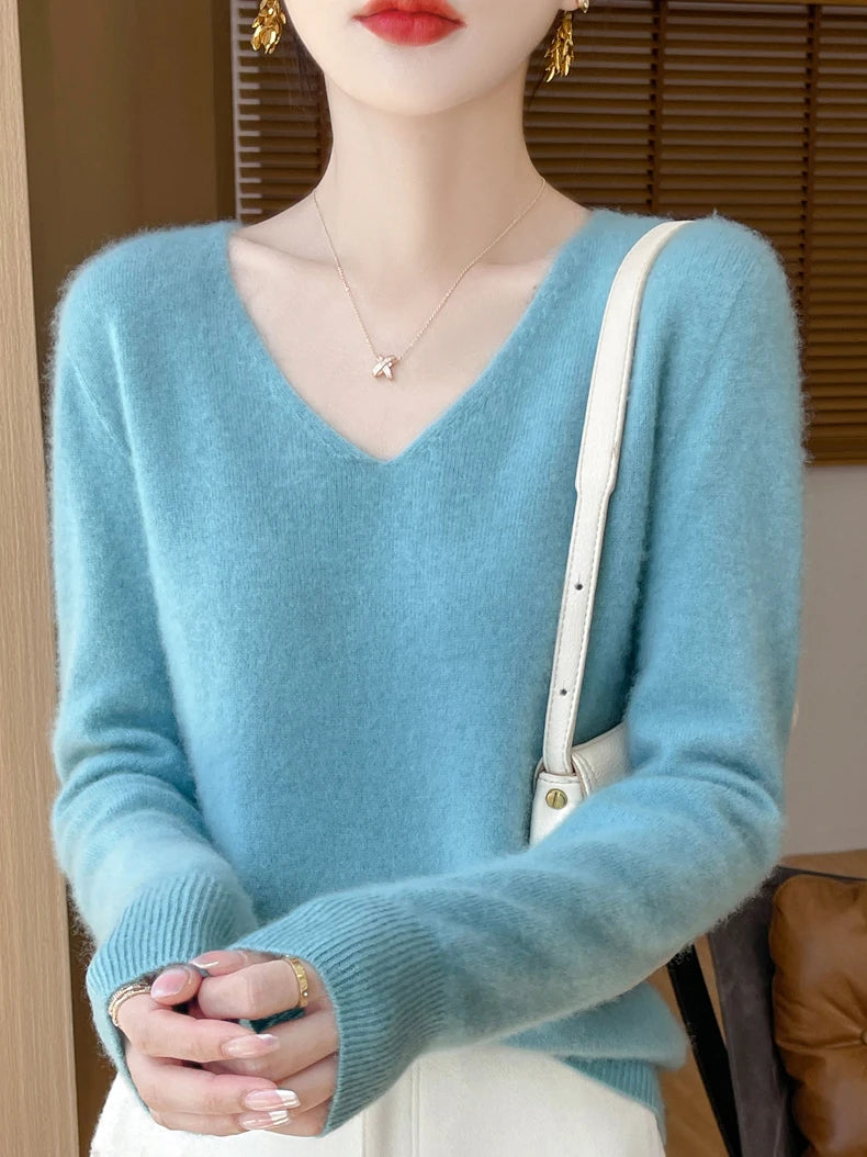 Women 100 Percent Merino Wool V Neck Sweater Fall Winter Warm Pullover
