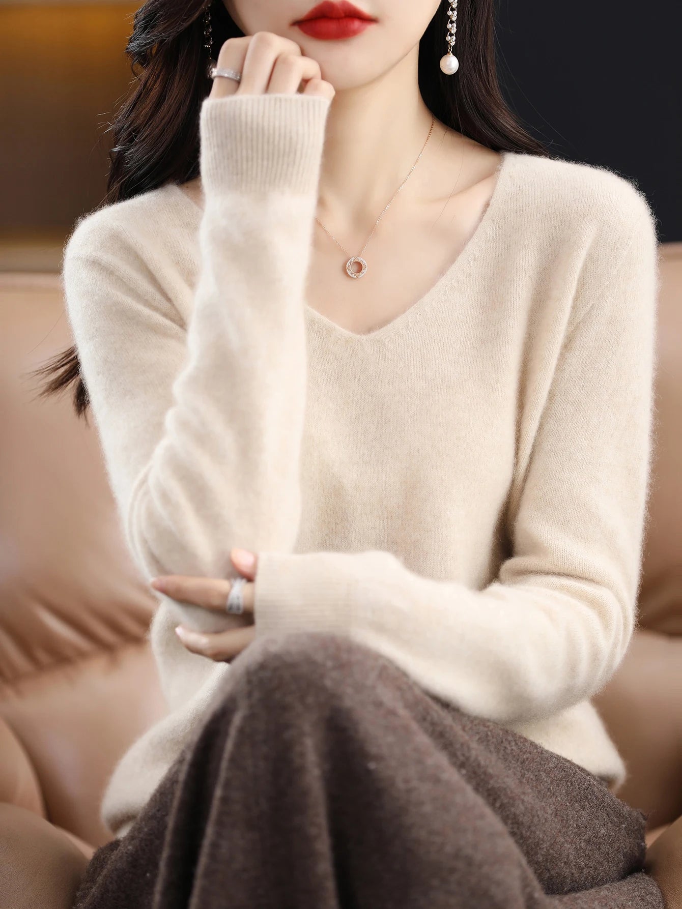 Women 100 Percent Merino Wool V Neck Sweater Fall Winter Warm Pullover