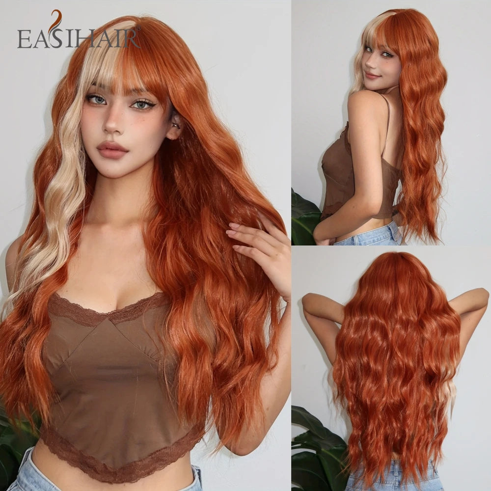 EASIHAIR Dark Brown Long Curly Synthetic Wig with Bangs Brown Women's Wigs for Cosplay Daily Use Heat Resistant Natural Hair