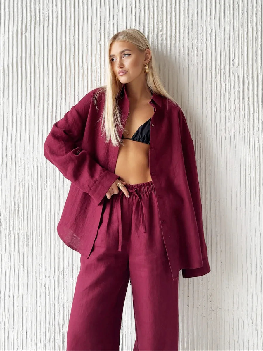 Women Long Sleeve T Shirts Wide Leg Pants Suit Single Breasted Blouses Elastic Waist Trousers 2 Piece Sets Solid Elegant Outfits