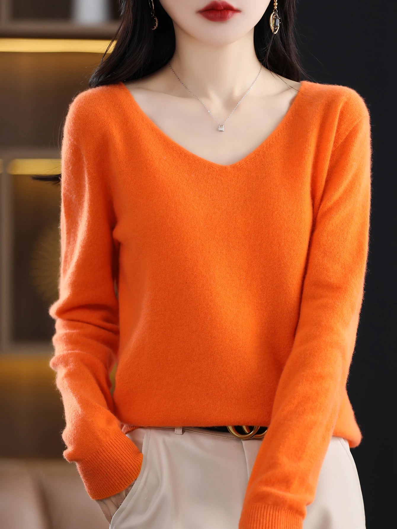 Women 100 Percent Merino Wool V Neck Sweater Fall Winter Warm Pullover