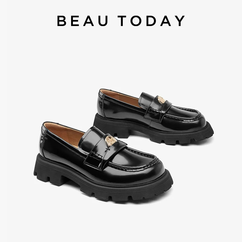 BEAUTODAY Penny Loafers Women Genuine Leather Moccasin Square Toe Metal Buckle Laides Platform Shoes Handmade 26424