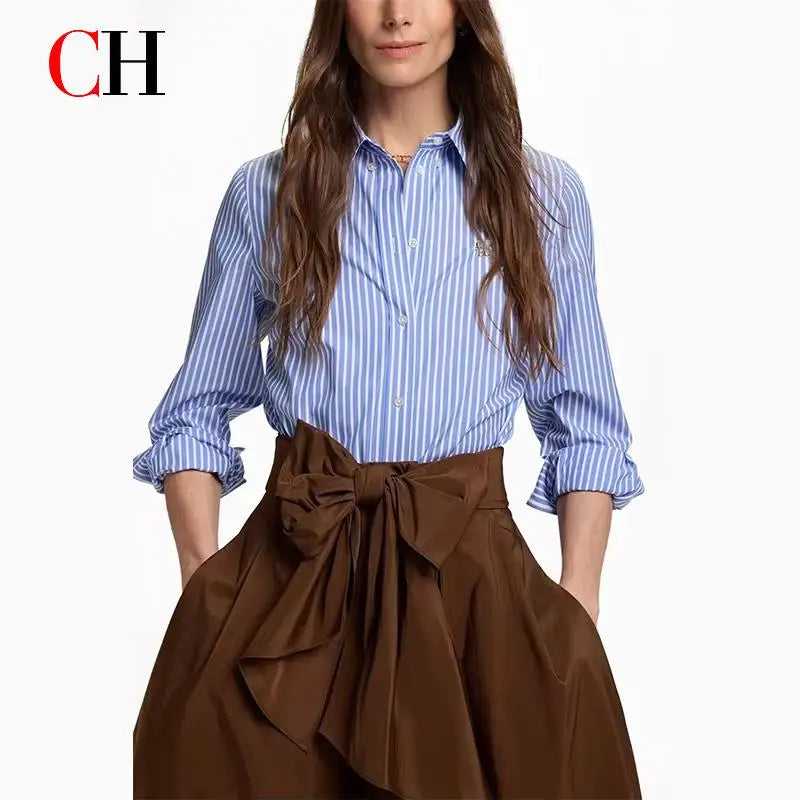 CH Women's casual cotton blouse with stripes and embroidered collar-long-sleeved streetwear, simple office top.
