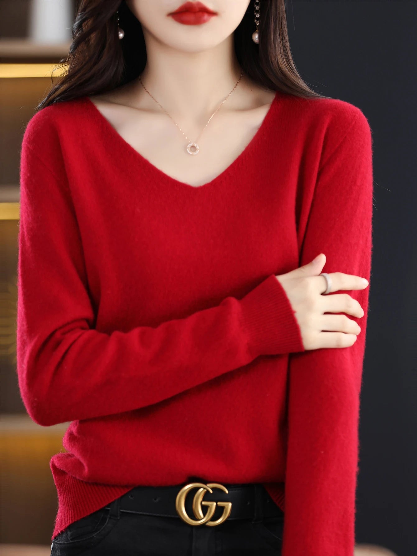 Women 100 Percent Merino Wool V Neck Sweater Fall Winter Warm Pullover