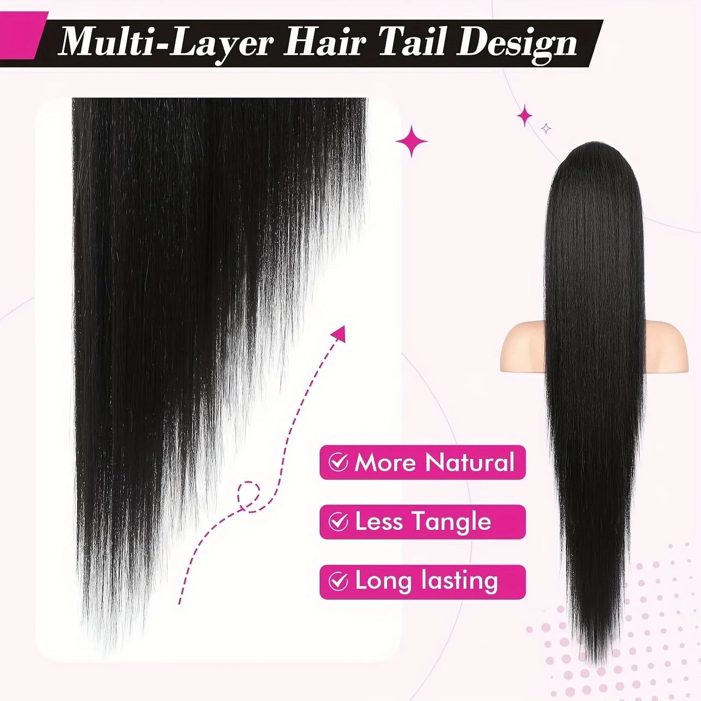 26 Inches Straight Drawstring Ponytail Clip In Ponytail Extensions Natural Color 100% Brazilian Human Hair Wrap Around Ponytails