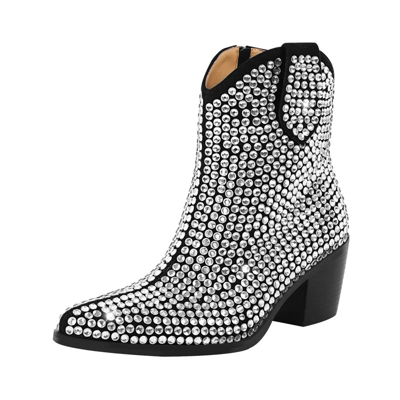 Onlymaker Pointed Toe Rhinestone Ankle Boots Glitter Bling Shiny Super Pretty Gorgeous Artificial Diamond Westen Cowgirl  Boots