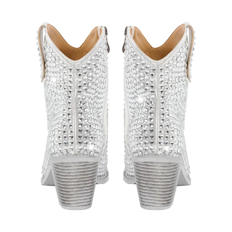 Onlymaker Pointed Toe Rhinestone Ankle Boots Glitter Bling Shiny Super Pretty Gorgeous Artificial Diamond Westen Cowgirl  Boots