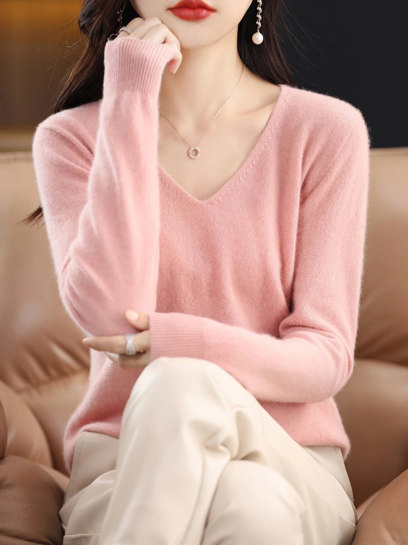 Women 100 Percent Merino Wool V Neck Sweater Fall Winter Warm Pullover