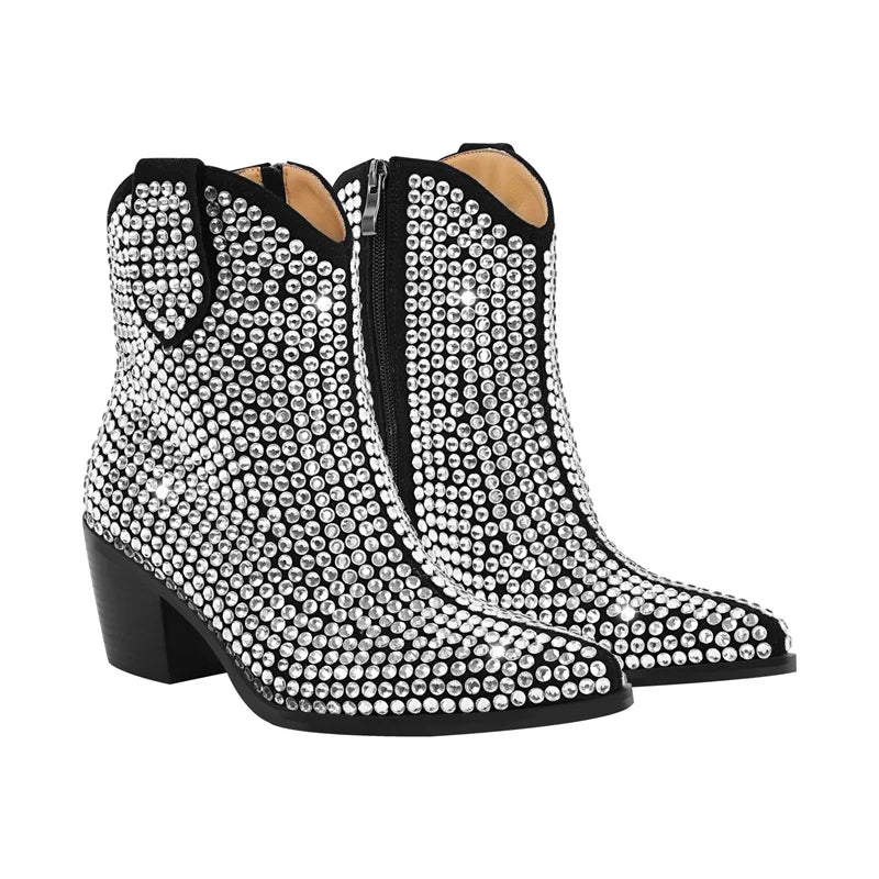 Onlymaker Pointed Toe Rhinestone Ankle Boots Glitter Bling Shiny Super Pretty Gorgeous Artificial Diamond Westen Cowgirl  Boots