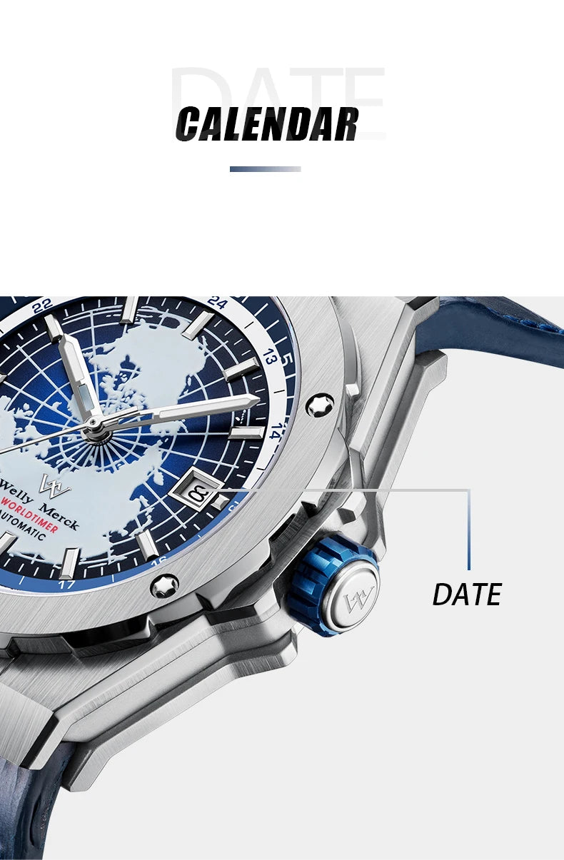 WM Watch World Time Series Men Watches reloj hombre Business Automatic Mechanical Welly Merck Wrist Watch For Man 124M-WM