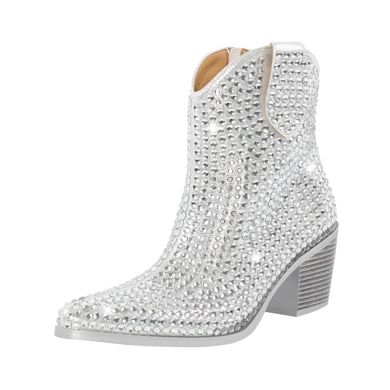 Onlymaker Pointed Toe Rhinestone Ankle Boots Glitter Bling Shiny Super Pretty Gorgeous Artificial Diamond Westen Cowgirl  Boots