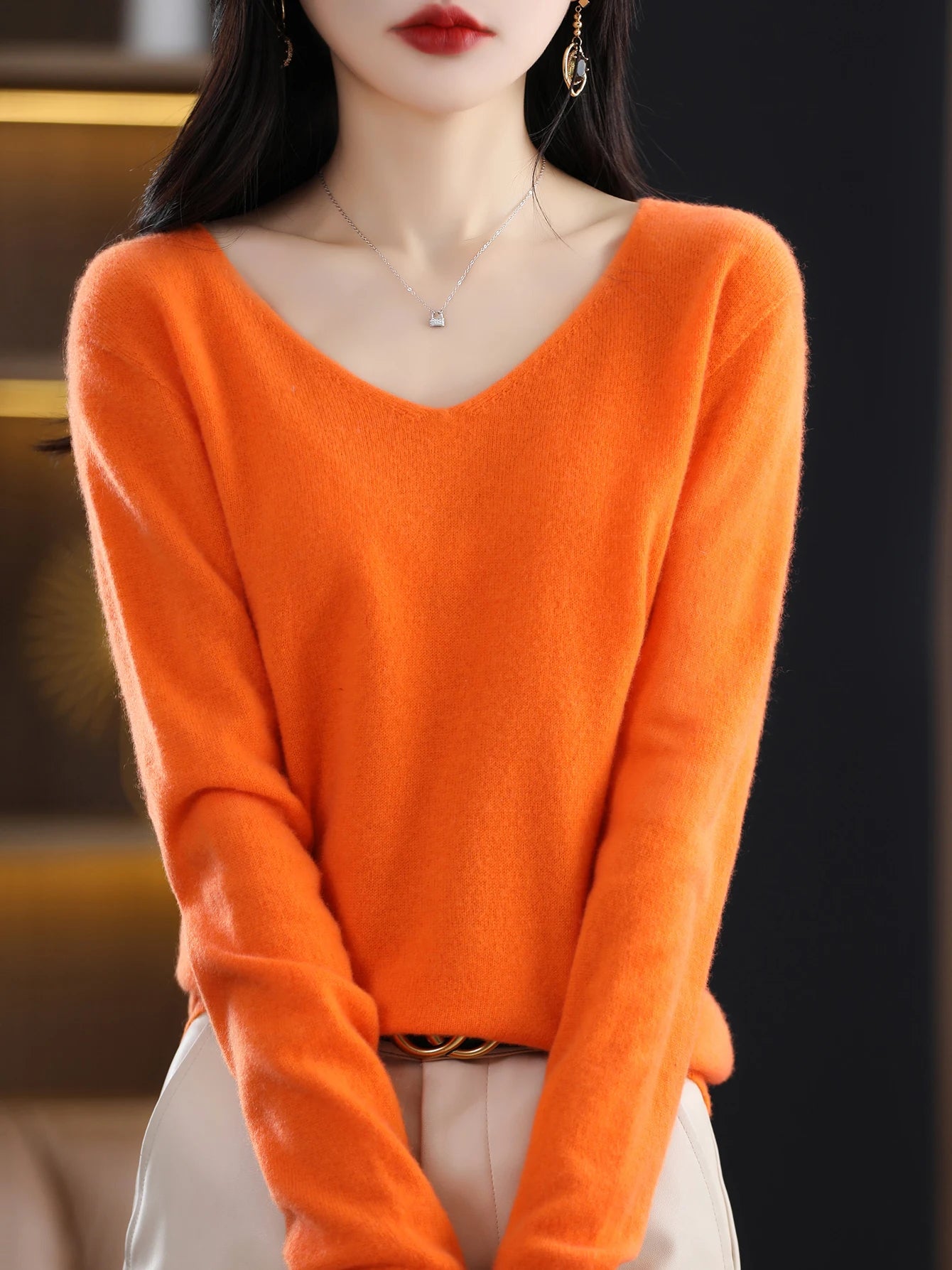 Women 100 Percent Merino Wool V Neck Sweater Fall Winter Warm Pullover
