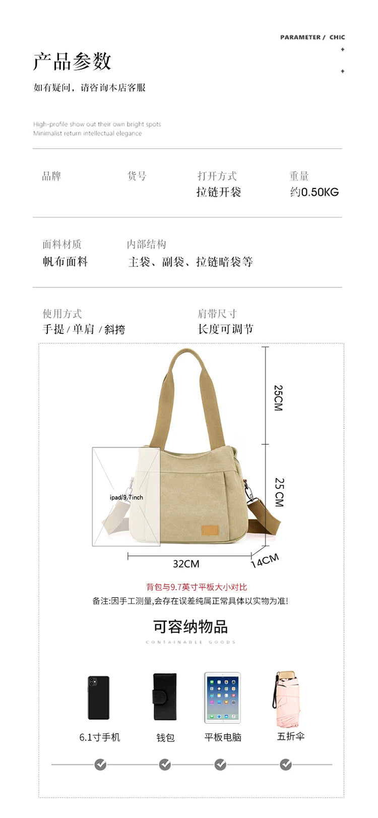 Retro Canvas Shoulder Bag Multifunctional Large Capacity Casual Crossbody Bag for Women