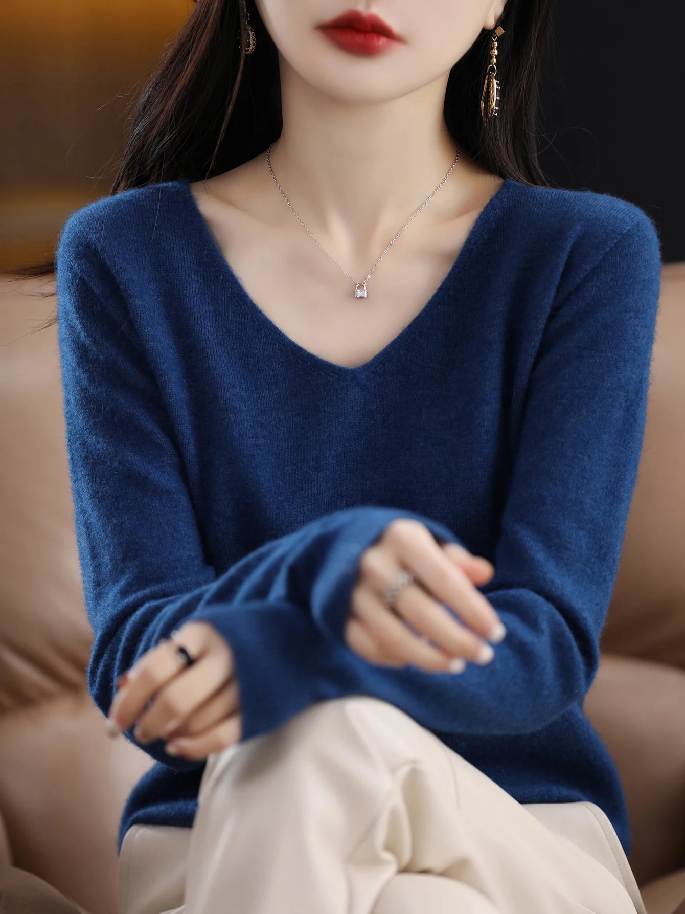 Women 100 Percent Merino Wool V Neck Sweater Fall Winter Warm Pullover