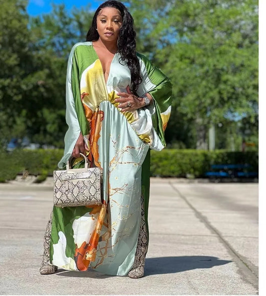 African Dresses For Women Bohomian Summer Beach Party  V-Neck Dress Europe Fashion Silk Printed Batwing Sleeve Boubou
