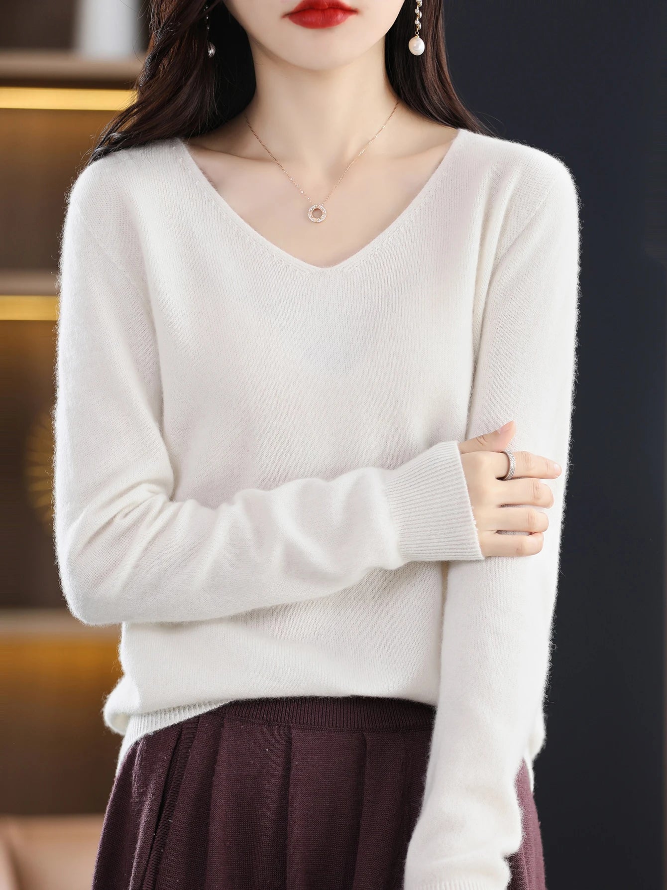 Women 100 Percent Merino Wool V Neck Sweater Fall Winter Warm Pullover