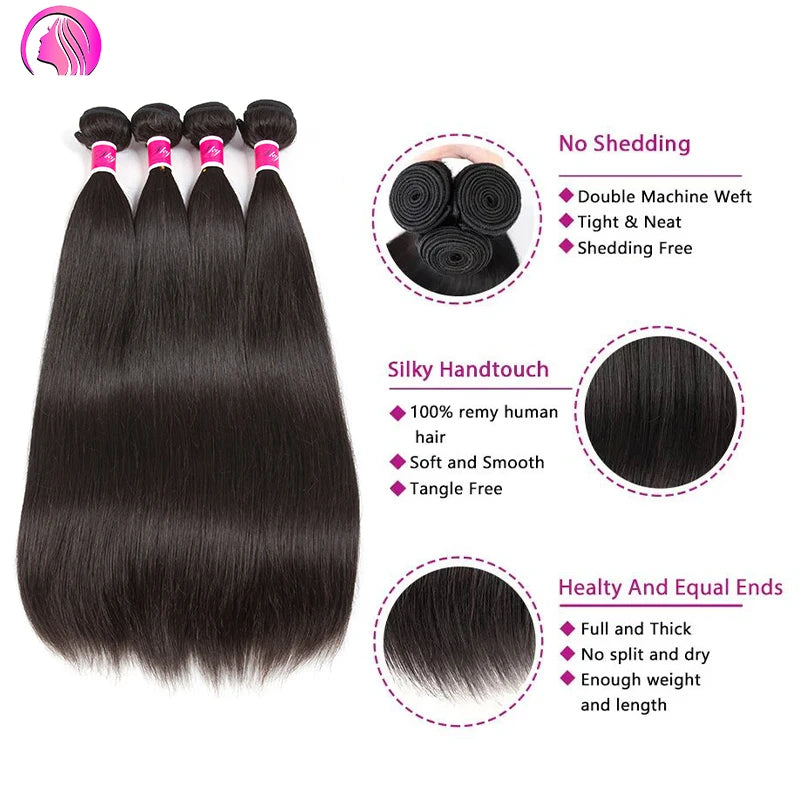 Bone Straight 100% Human Hair Bundles With 4x4 transparent Lace Closures 3/4 Bundles Brazilian Hair Weave Bundles With Closure