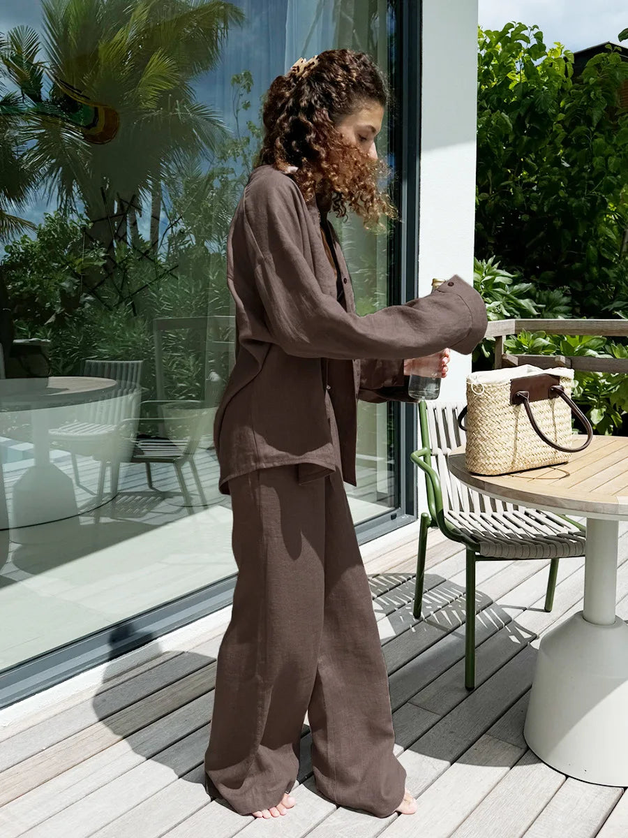 Women Long Sleeve T Shirts Wide Leg Pants Suit Single Breasted Blouses Elastic Waist Trousers 2 Piece Sets Solid Elegant Outfits