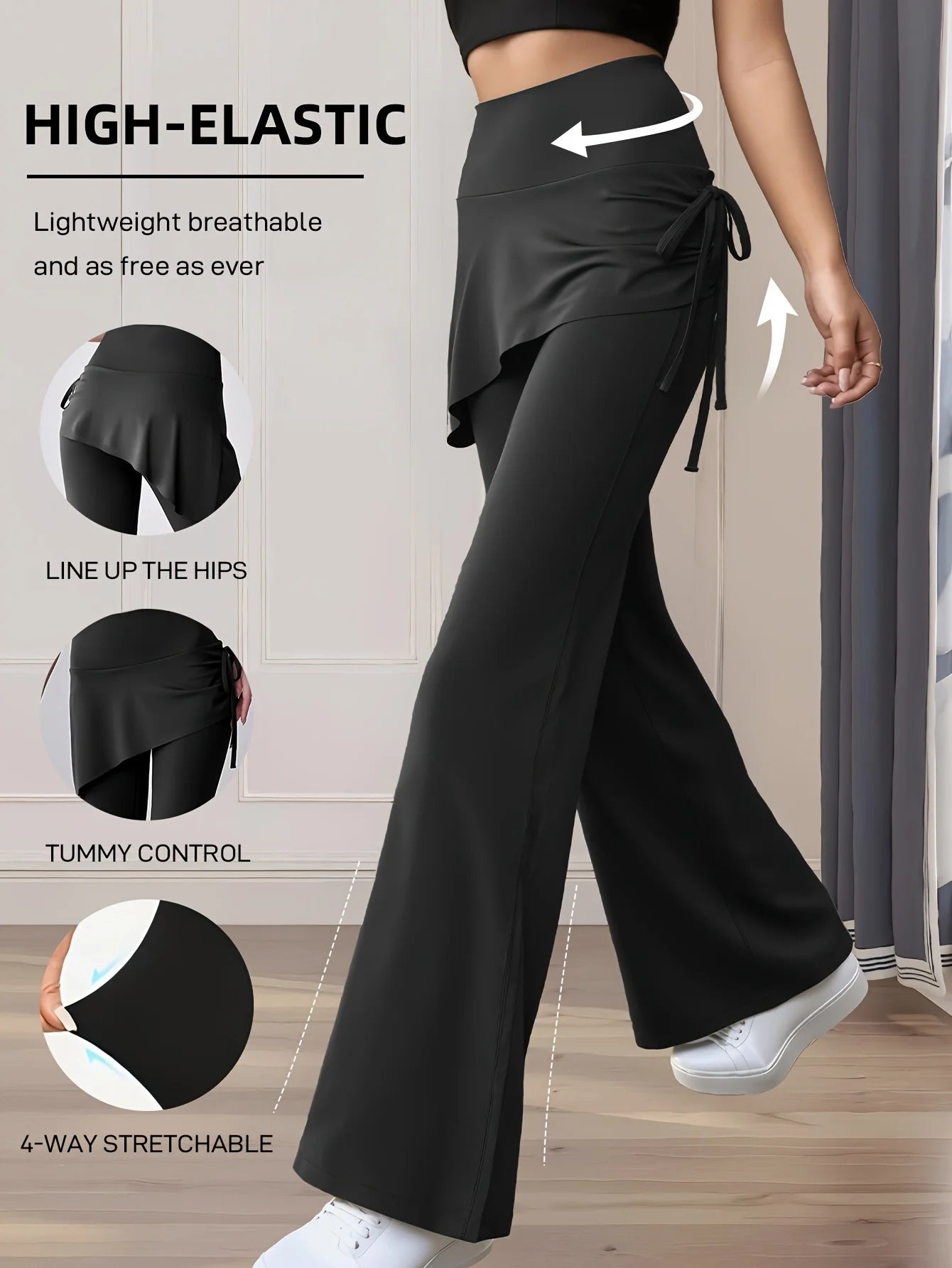 Women's Summer and Spring Flared Skirt Pants - Side Drawstring Design - High-Waisted Fitness Pants - Suitable for Cycling, Yoga