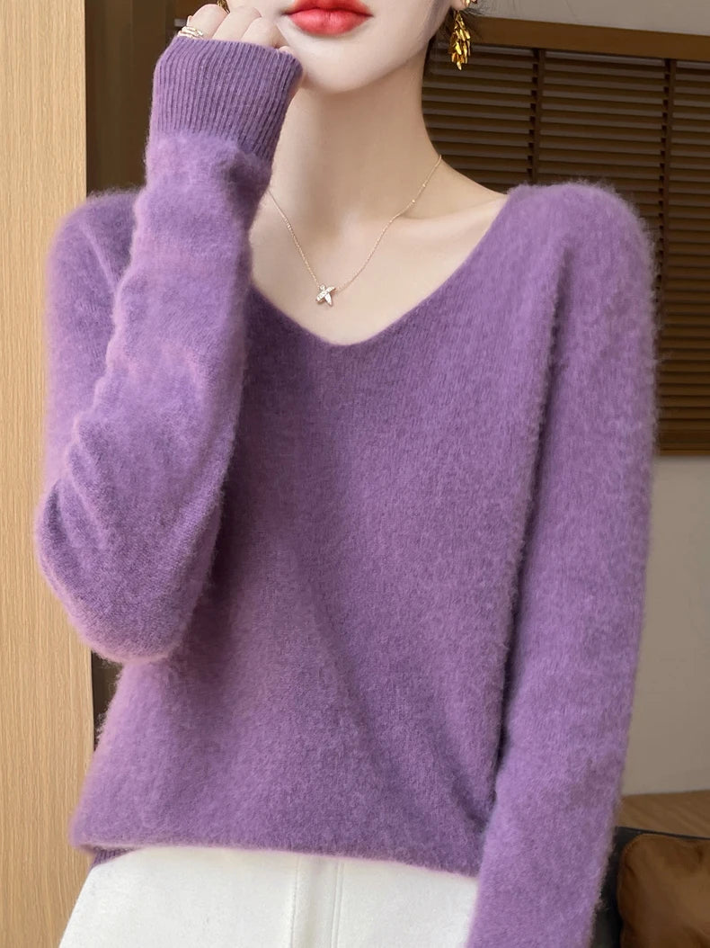 Women 100 Percent Merino Wool V Neck Sweater Fall Winter Warm Pullover