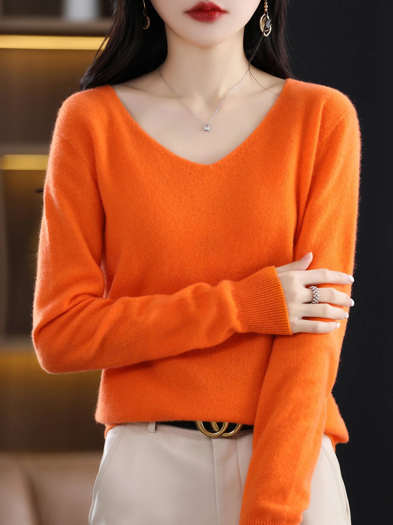 Women 100 Percent Merino Wool V Neck Sweater Fall Winter Warm Pullover