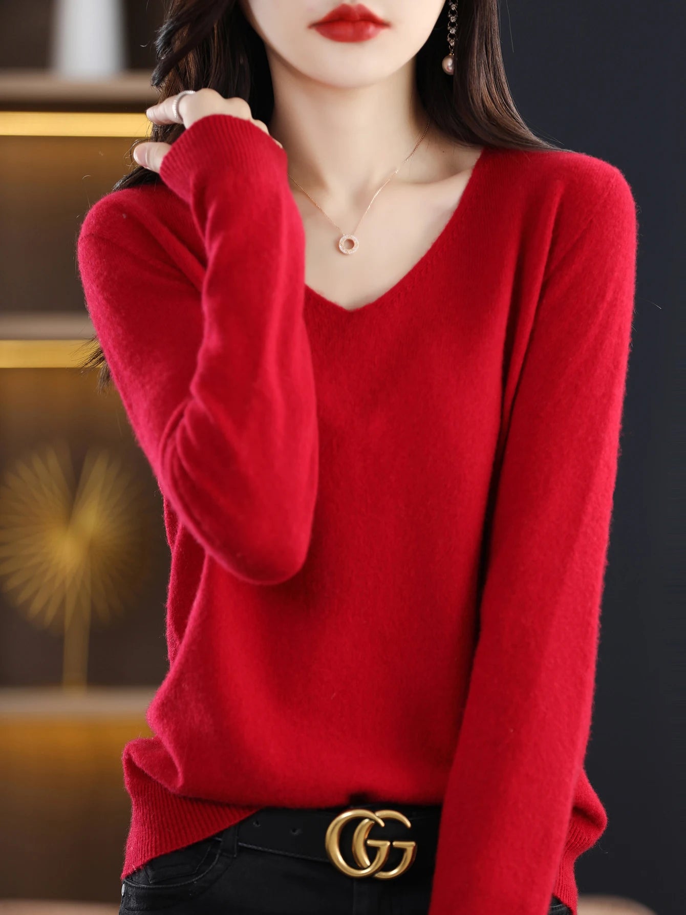 Women 100 Percent Merino Wool V Neck Sweater Fall Winter Warm Pullover