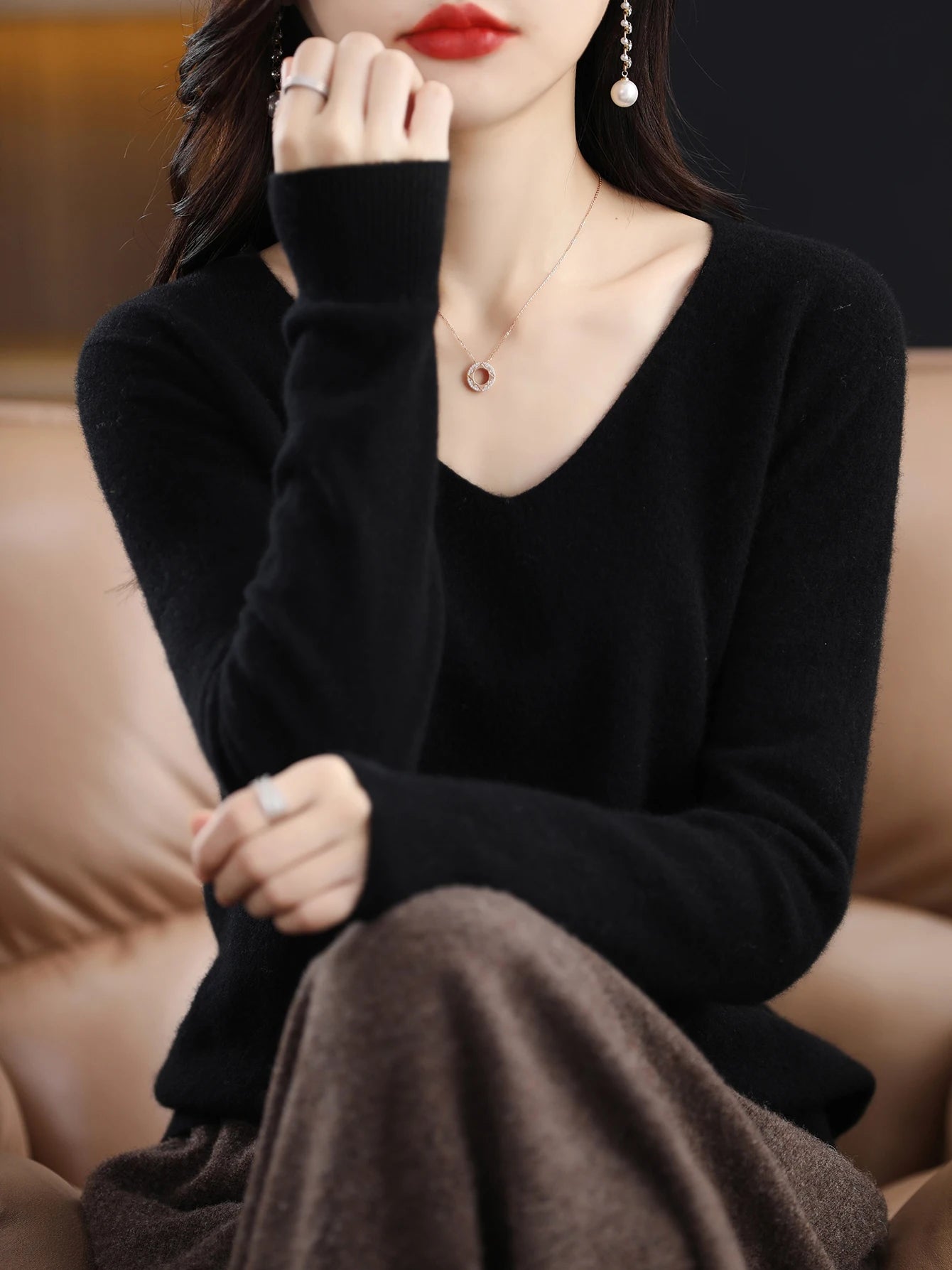 Women 100 Percent Merino Wool V Neck Sweater Fall Winter Warm Pullover