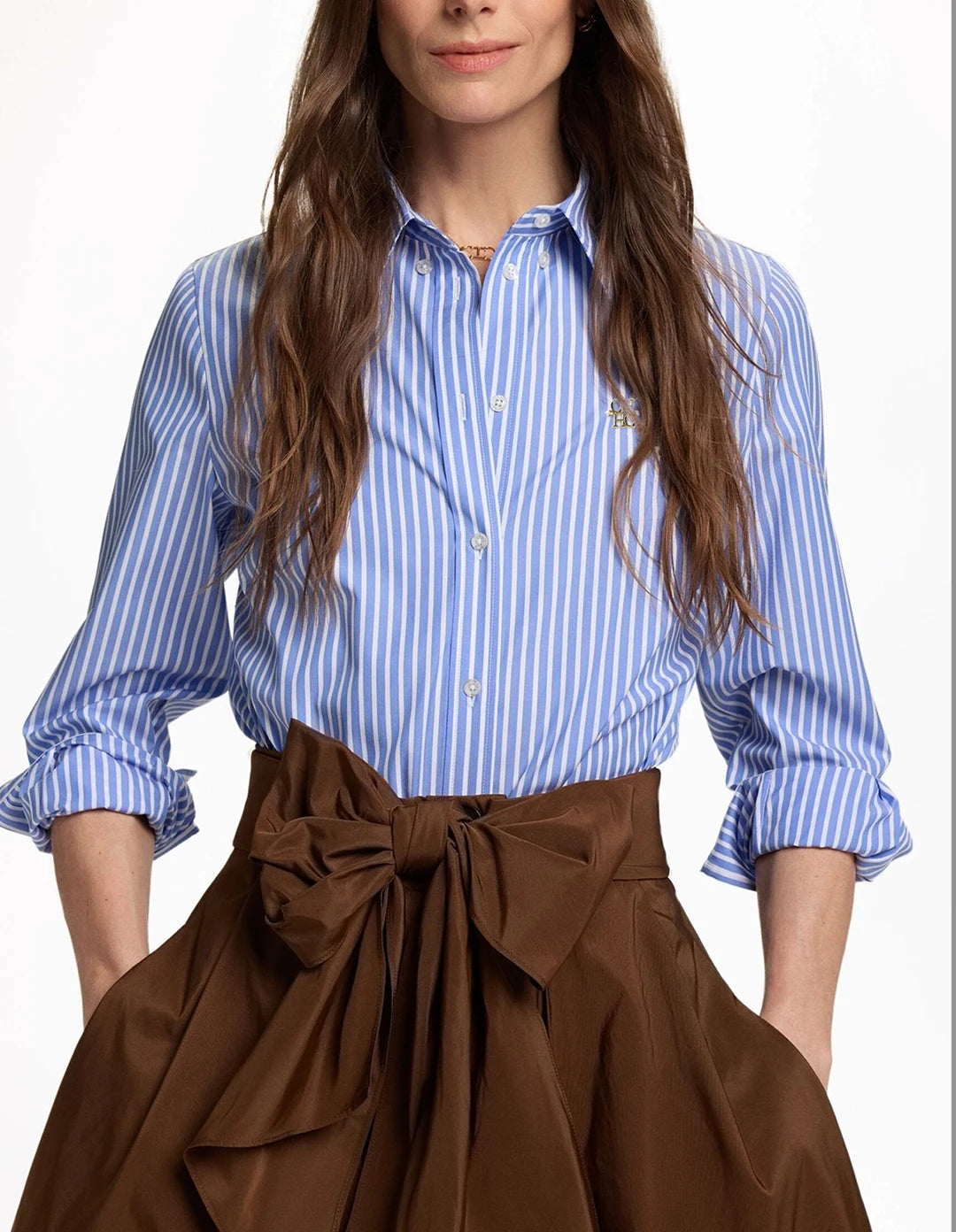 CH Women's casual cotton blouse with stripes and embroidered collar-long-sleeved streetwear, simple office top.